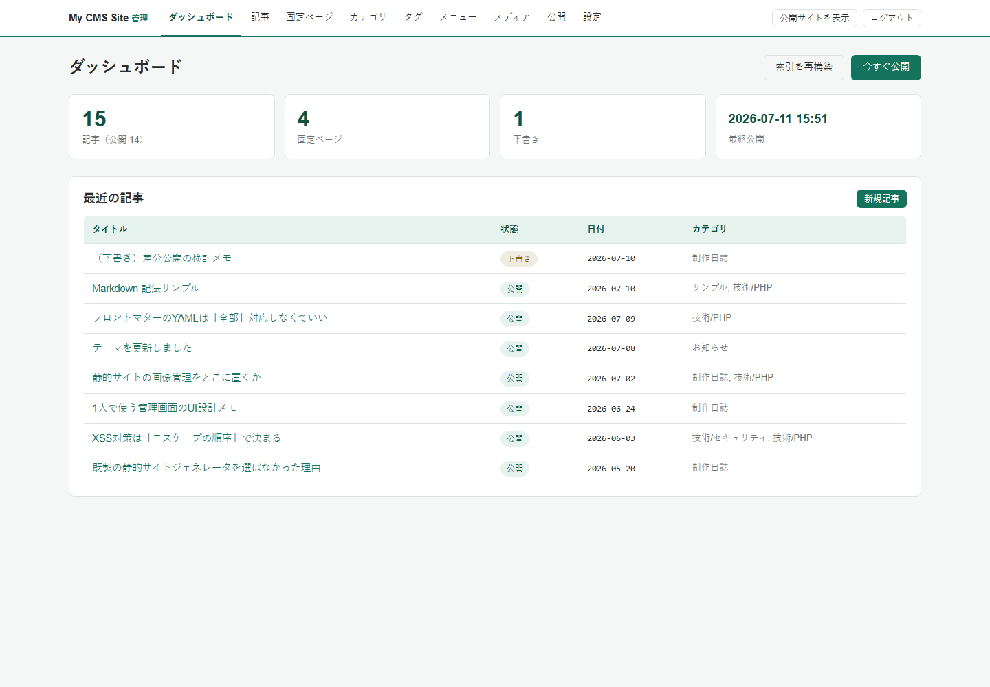 静的サイト生成CMSの画面